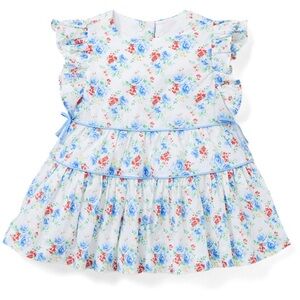 Janie & Jack cotton Floral Bow Dress with flutter sleeves, blue piping &bloomers